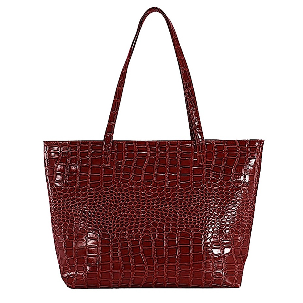Burgundy Crocodile Faux Leather Tote Shoulder Bag Soft Top Handle Purse Handbag